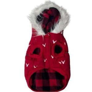 LuvGear Reversible Red/Black Flannel Plaid/Moose Dog Jacket. Size Small.